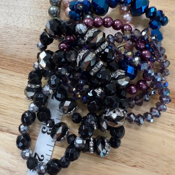 Set Of 9 Beaded Stretch Bracelets In Black Purple & Blue With Rhinestone Accents - Picture 6 of 7